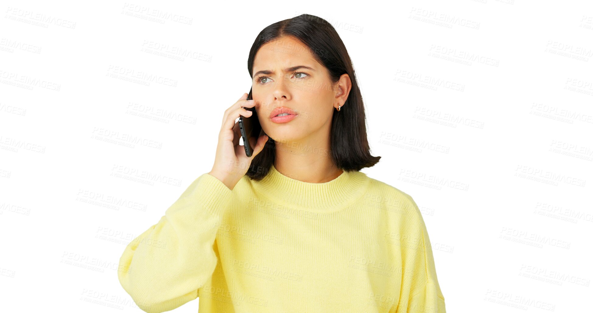 Buy stock photo Phone call, conflict or anger with a woman frustrated while isolated on a transparent background. Mobile, communication and frown with an unhappy young female person arguing or fighting on PNG