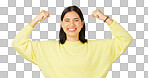 Strong, happy face and woman muscle flex with green screen and smile from wellness. Gender equality, isolated and studio background with a young female feeling proud and confident from win and youth