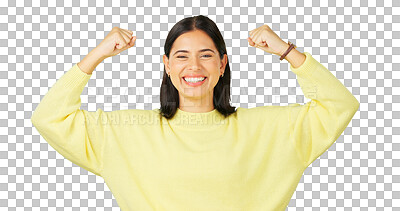 Buy stock photo Strong, happy portrait and woman flex muscle, arm strength and celebrate achievement, winning or success. Gender equality, winner pride and confident person celebration on transparent, png background