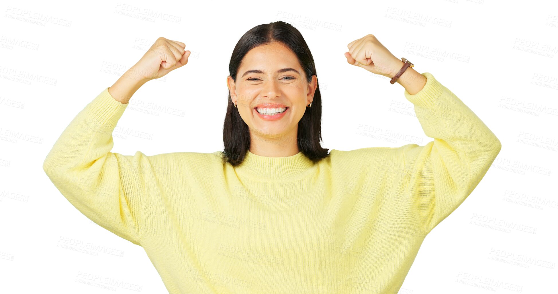 Buy stock photo Strong, happy portrait and woman flex muscle, arm strength and celebrate achievement, winning or success. Gender equality, winner pride and confident person celebration on transparent, png background