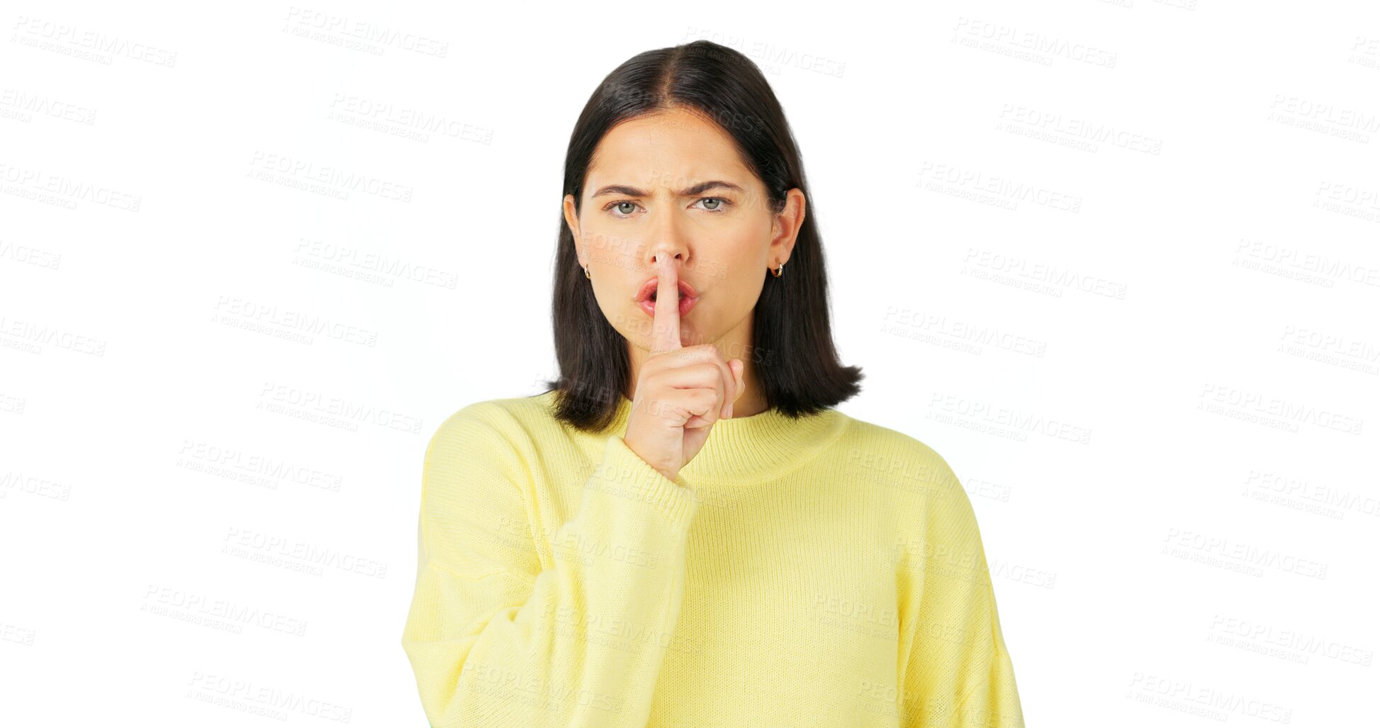 Buy stock photo Secret, angry portrait and woman with finger on lips isolated on a transparent png background for privacy, loud noise and moody reaction. Face of serious model, silence and quiet emoji to whisper 