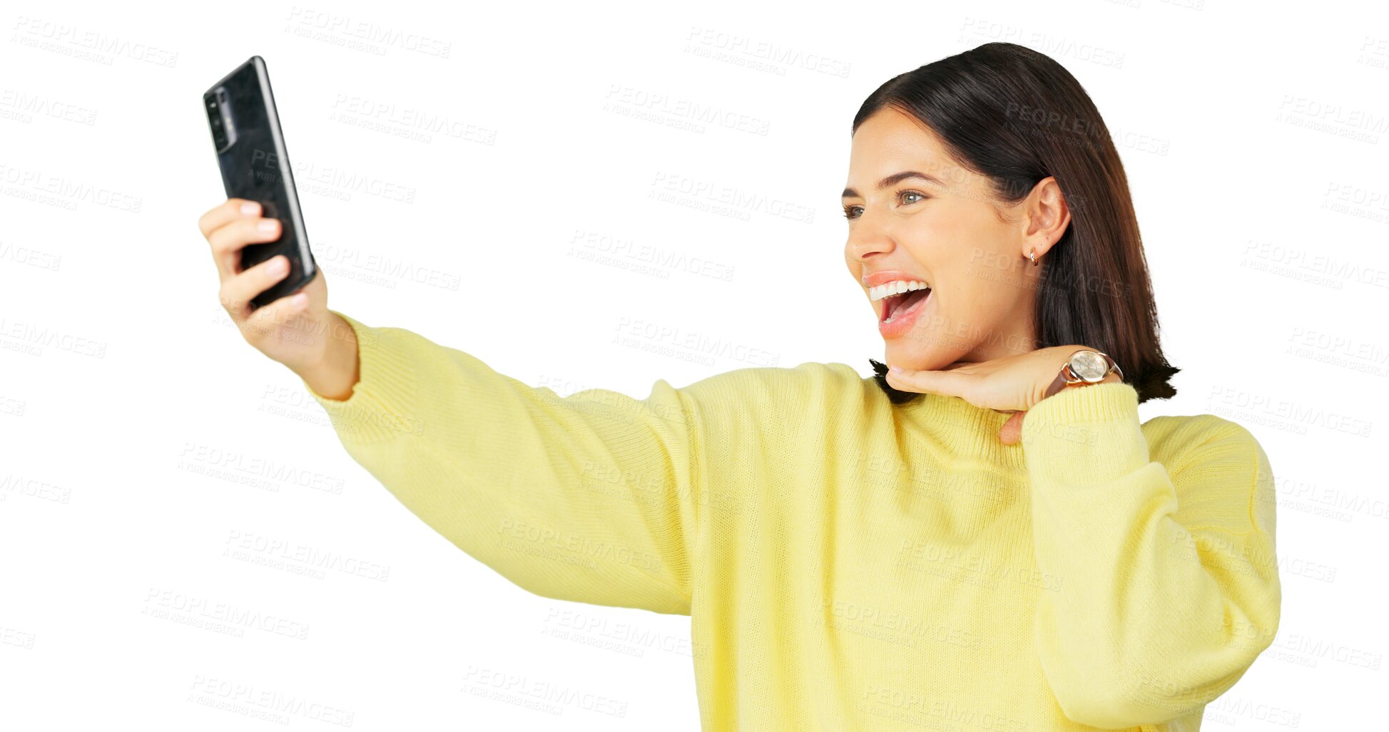 Buy stock photo Excited, woman and selfie for beauty isolated on a transparent png background. Smile, photography and influencer person taking profile picture for happy memory on social media or post on internet