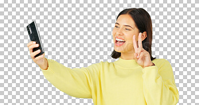 Buy stock photo Excited, woman and selfie with peace sign isolated on a transparent png background. Smile, v hand and person taking profile picture for happy memory, influencer on social media or photography emoji