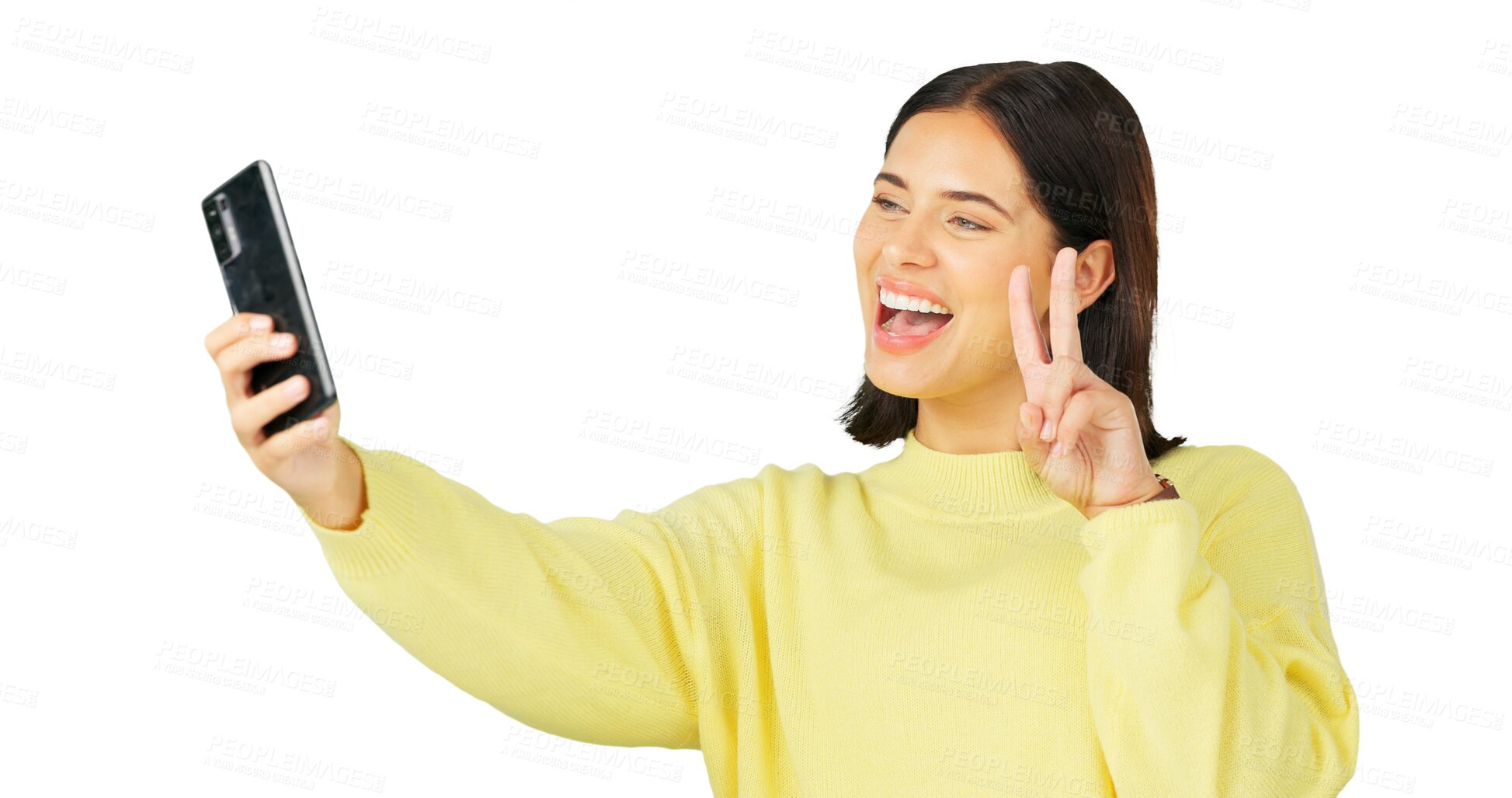 Buy stock photo Excited, woman and selfie with peace sign isolated on a transparent png background. Smile, v hand and person taking profile picture for happy memory, influencer on social media or photography emoji