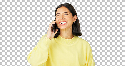 Buy stock photo Happy woman, phone call and smartphone communication for gossip, chat and isolated on transparent png background. Female person, cellphone and laugh for mobile conversation, contact and networking 