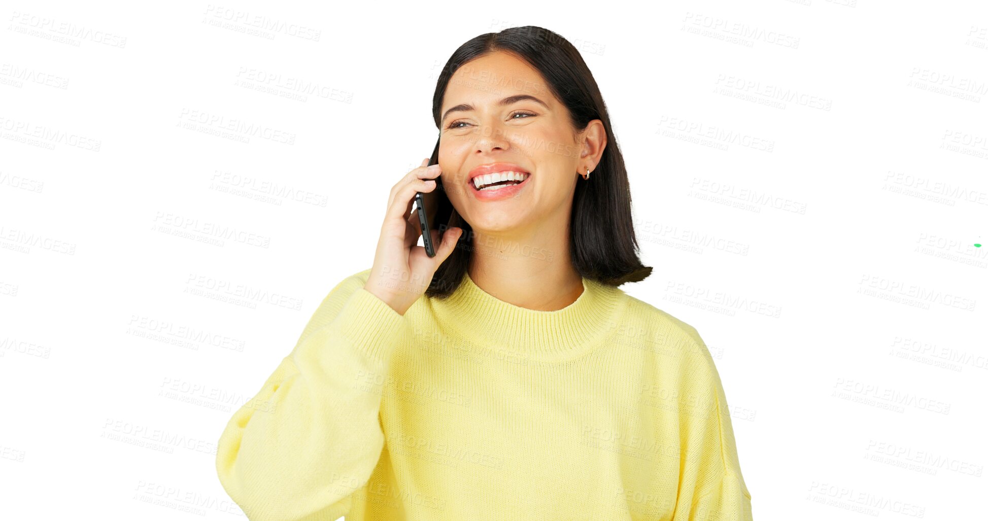 Buy stock photo Happy woman, phone call and smartphone communication for gossip, chat and isolated on transparent png background. Female person, cellphone and laugh for mobile conversation, contact and networking 