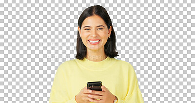 Buy stock photo Woman, portrait and typing with phone while isolated on a transparent png background. Face of happy model, smartphone user or download mobile app for chat, online contact or social media notification