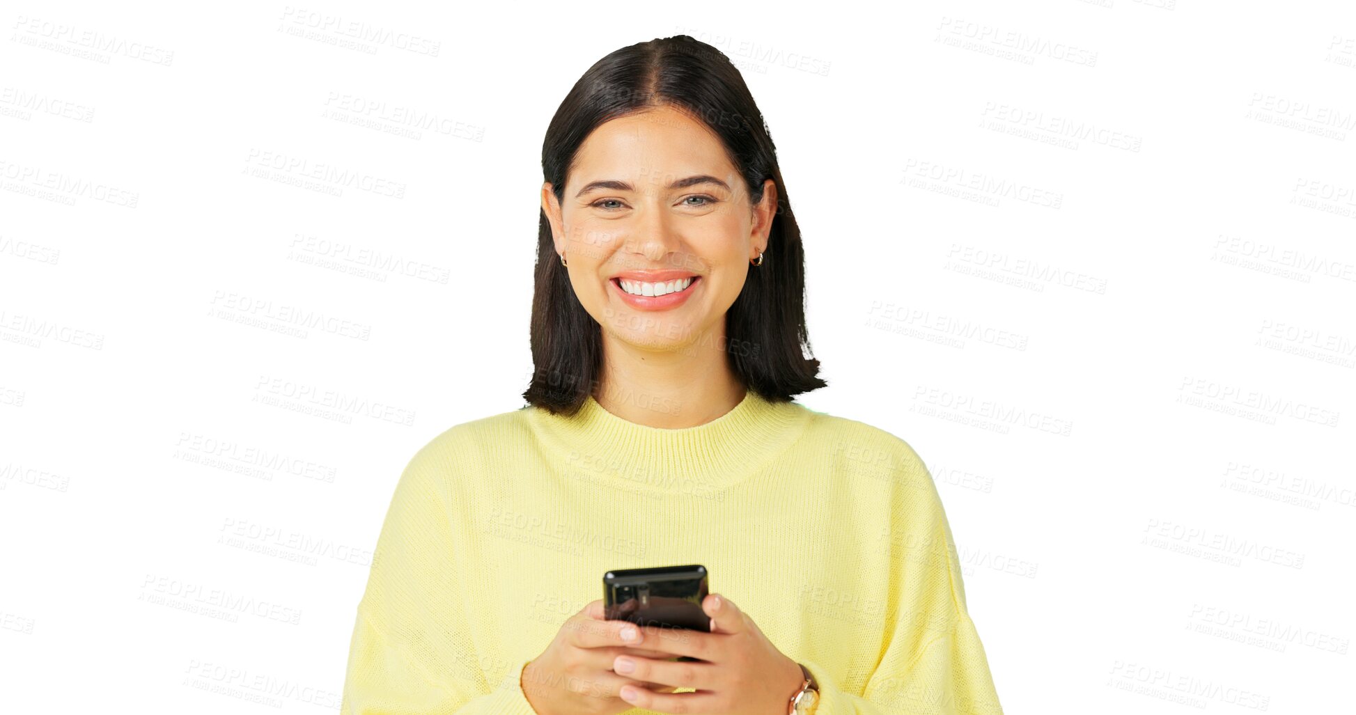 Buy stock photo Woman, portrait and typing with phone while isolated on a transparent png background. Face of happy model, smartphone user or download mobile app for chat, online contact or social media notification