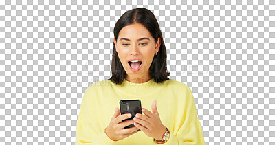 Buy stock photo Happy woman, phone and celebration in wow for winning, promotion or bonus isolated on a transparent PNG background. Excited female person in happiness on mobile smartphone app for good news or prize