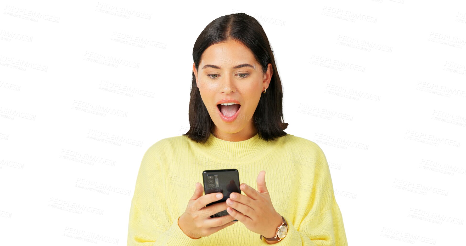 Buy stock photo Happy woman, phone and celebration in wow for winning, promotion or bonus isolated on a transparent PNG background. Excited female person in happiness on mobile smartphone app for good news or prize