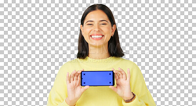 Buy stock photo Green screen, portrait and woman with a smartphone, smile or advertising isolated on a transparent background. Face, female person or model with a cellphone, mockup space or tracking markers with png