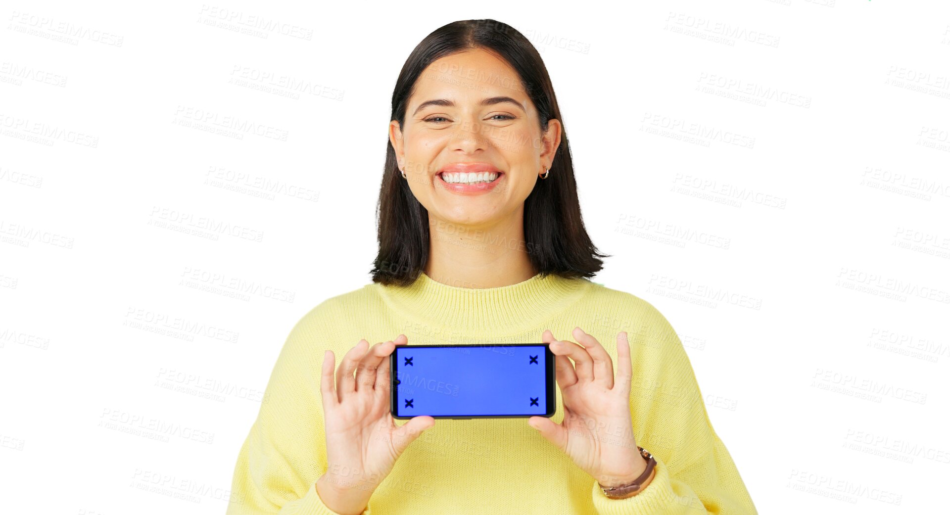 Buy stock photo Green screen, portrait and woman with a smartphone, smile or advertising isolated on a transparent background. Face, female person or model with a cellphone, mockup space or tracking markers with png