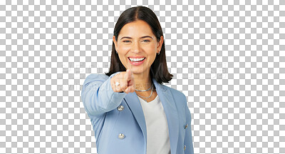 Buy stock photo Portrait, selection and a business woman excited for an opportunity isolated on transparent background to vote for you. Smile, pointing and choice with a happy young female person on PNG for decision