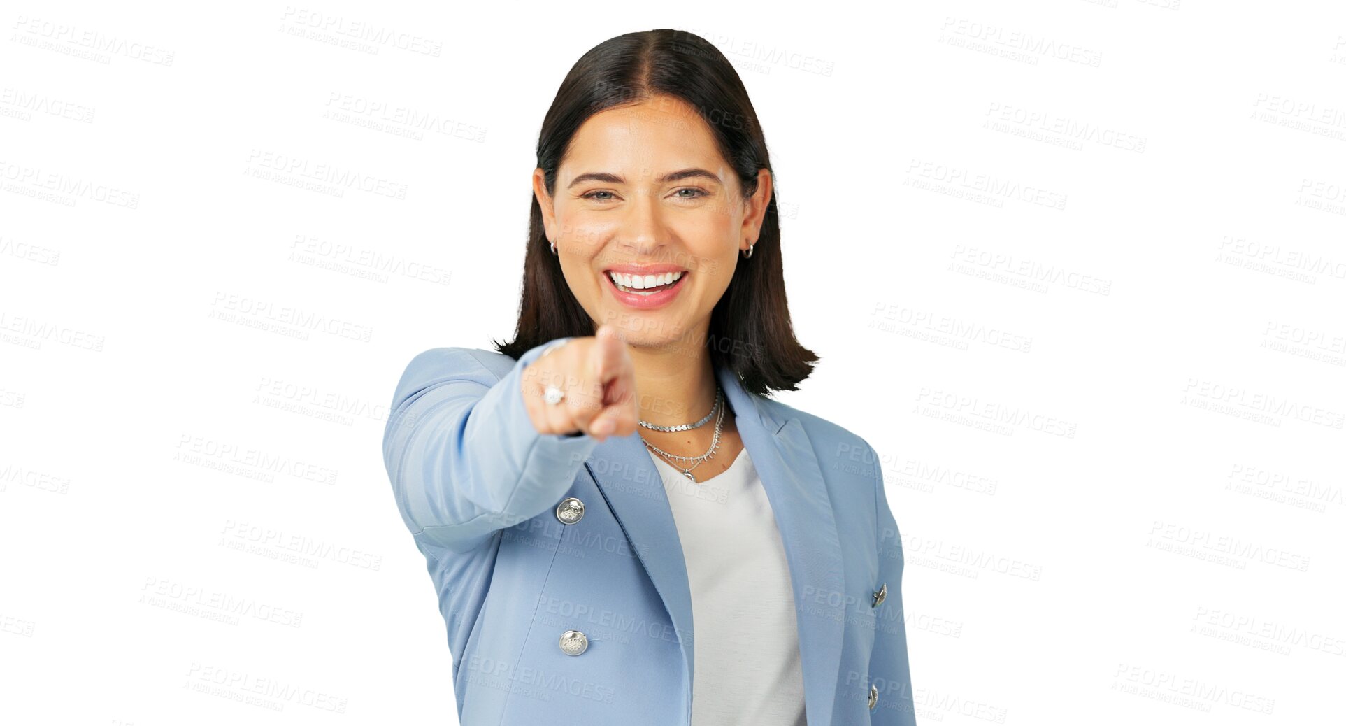 Buy stock photo Portrait, selection and a business woman excited for an opportunity isolated on transparent background to vote for you. Smile, pointing and choice with a happy young female person on PNG for decision