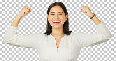 Buy stock photo Portrait, wow and winner with a woman in celebration isolated on a transparent background for victory. Smile, bonus or promotion with a happy young female person on cheering for success on PNG