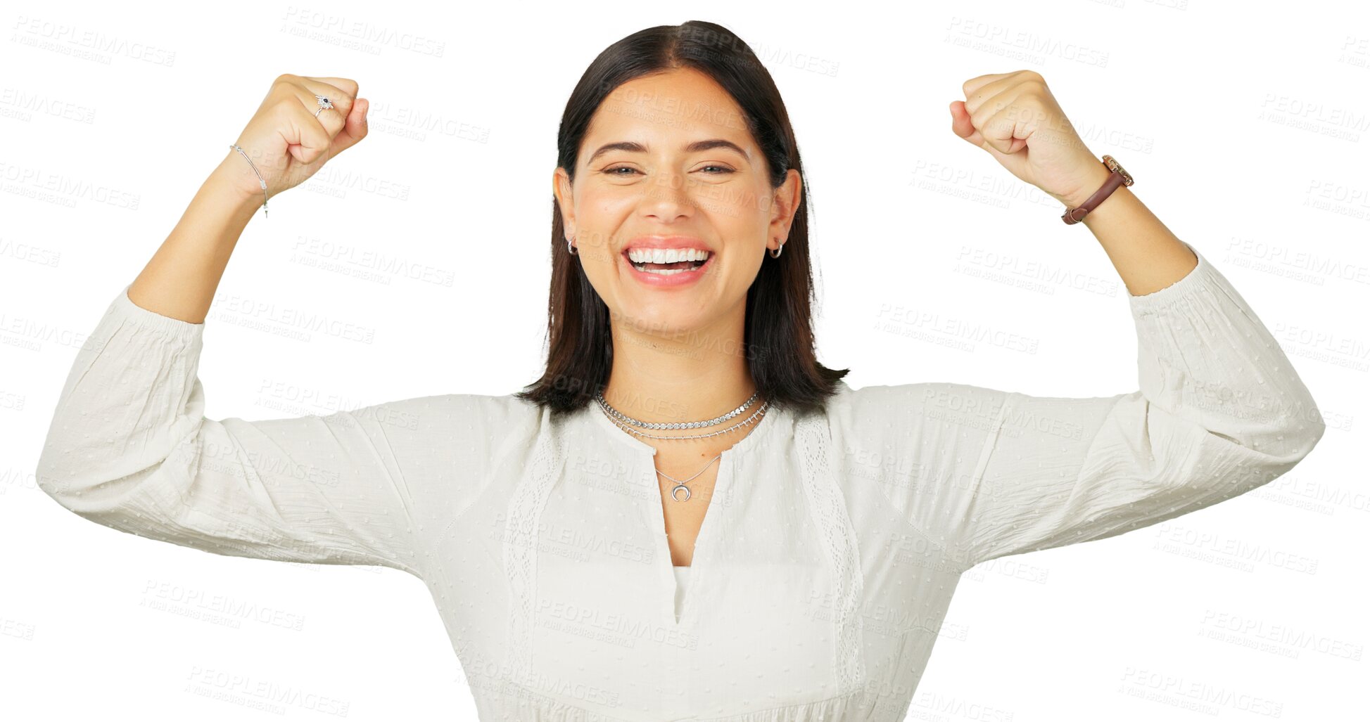 Buy stock photo Portrait, wow and winner with a woman in celebration isolated on a transparent background for victory. Smile, bonus or promotion with a happy young female person on cheering for success on PNG