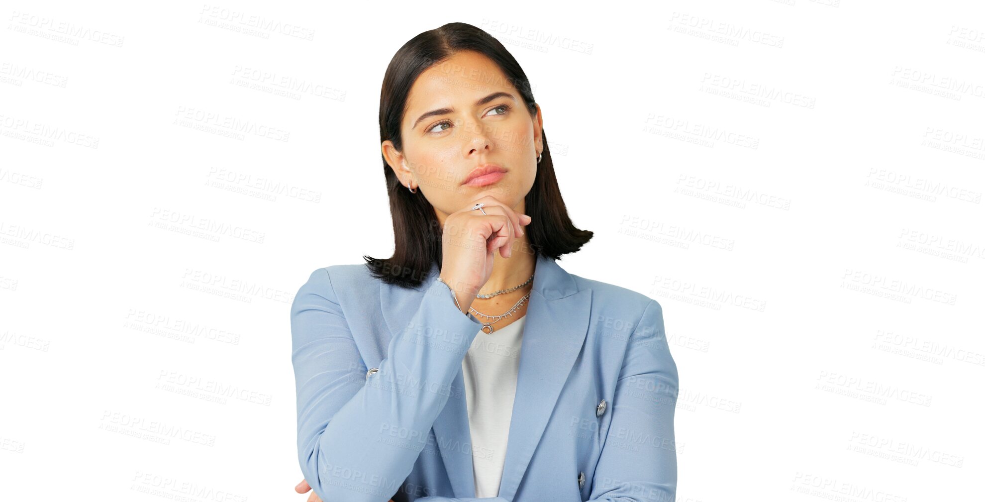 Buy stock photo Serious, thinking and face of a business woman with vision or doubt isolated on a transparent, png background. Question, decision and a person with hand on chin for choice, idea or problem solving
