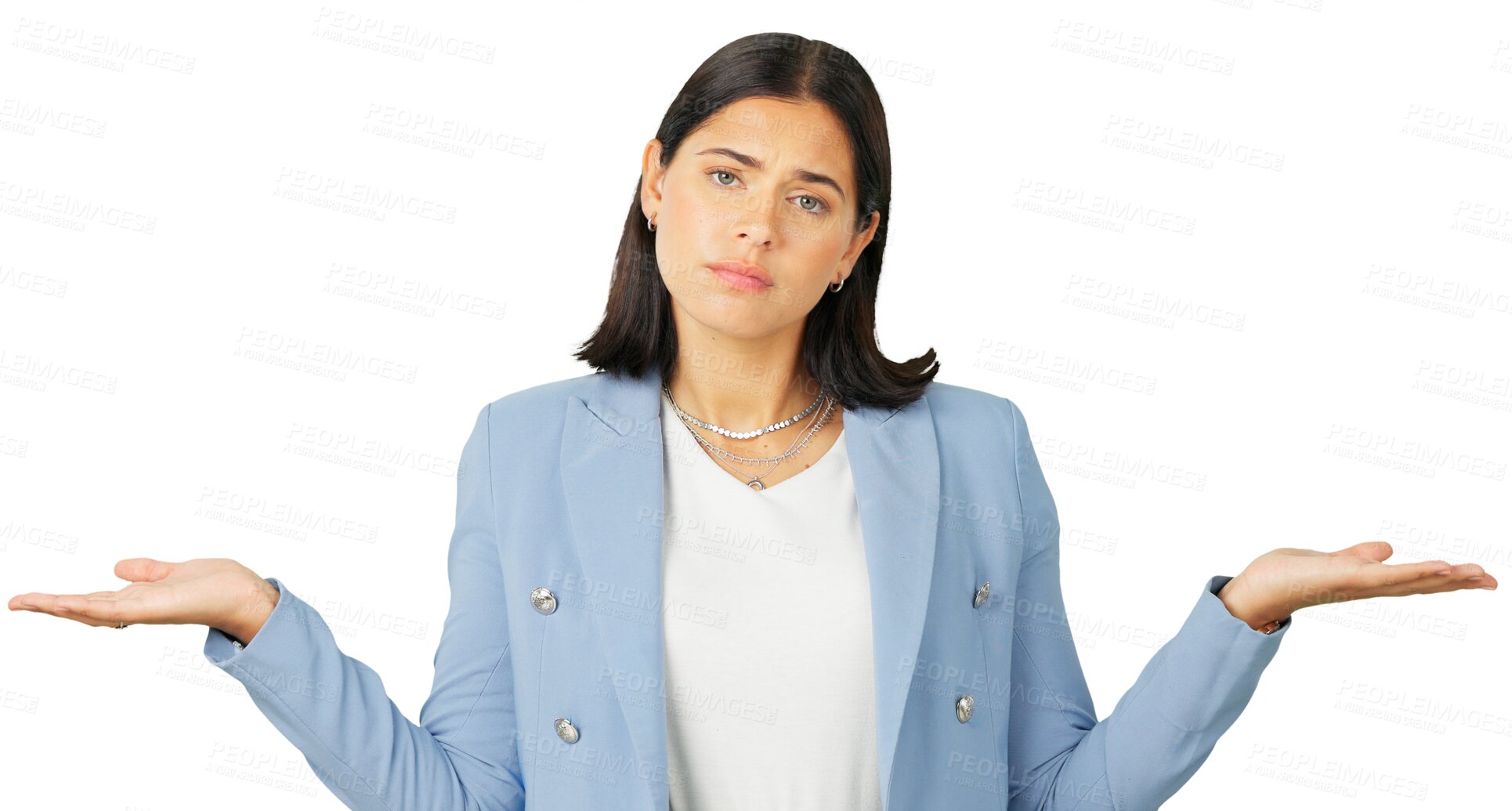 Buy stock photo Business woman, shrug and portrait for choice, decision and confused face about work. Young employee, hand gesture and a sad female worker feedback or unsure isolated on a transparent png background