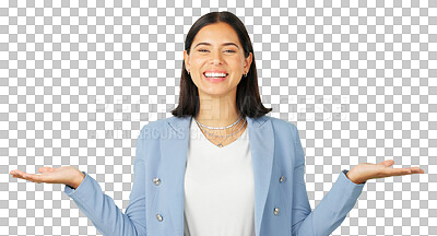 Buy stock photo Portrait, choice and offer with a business woman isolated on a transparent background for a product comparison. Smile, advertising and promotion with an option in the hands of an employee on PNG