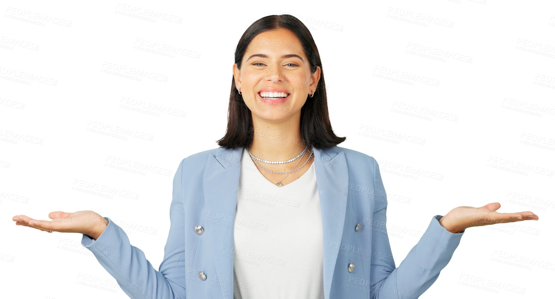 Buy stock photo Portrait, choice and offer with a business woman isolated on a transparent background for a product comparison. Smile, advertising and promotion with an option in the hands of an employee on PNG