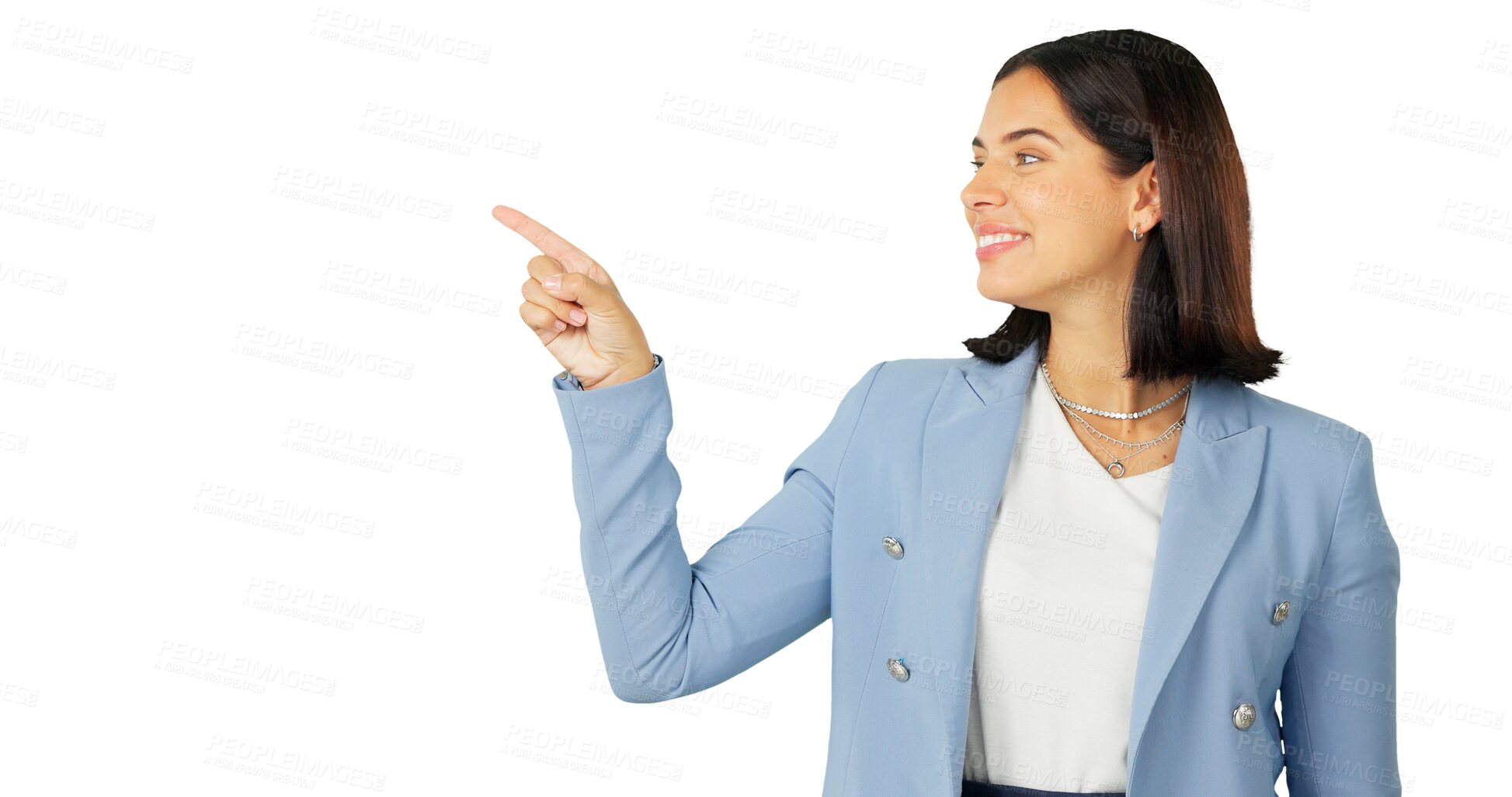 Buy stock photo Business woman, pointing or advertising presentation while isolated on transparent png background. Happy worker show promotion of deal, announcement and review feedback, offer or information about us