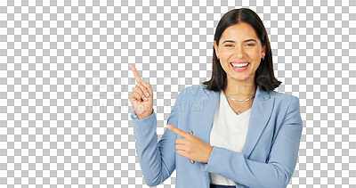 Buy stock photo Business woman, portrait and pointing to advertising, presentation or feedback isolated on transparent png background. Happy worker show promotion of deal, announcement or review information about us