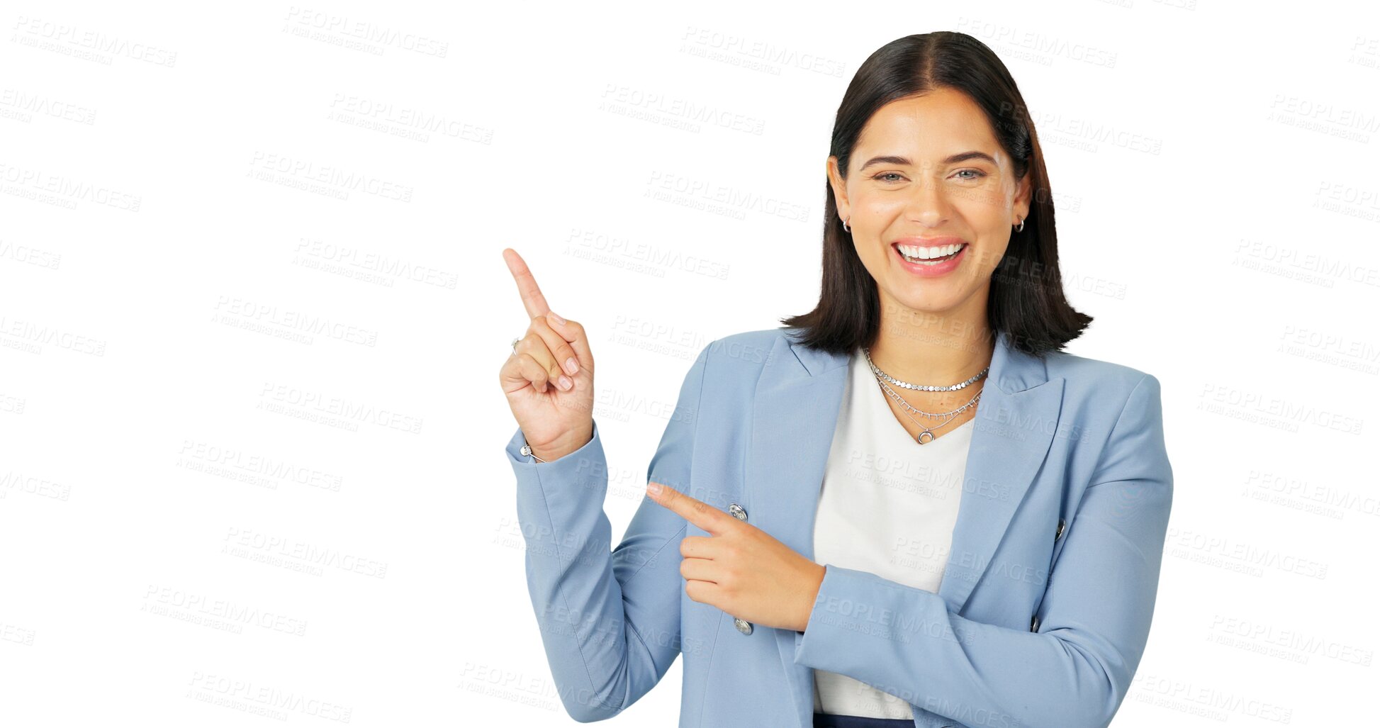 Buy stock photo Business woman, portrait and pointing to advertising, presentation or feedback isolated on transparent png background. Happy worker show promotion of deal, announcement or review information about us