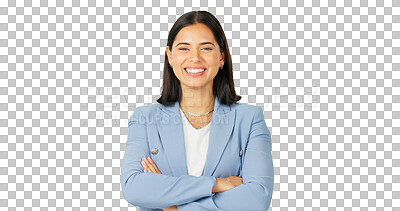 Buy stock photo Portrait, smile and arms crossed with a business woman isolated on a transparent background for a career opportunity. Corporate, trust and confidence with a happy young female professional on PNG