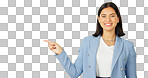 Business woman, face and pointing with green screen, list or review option by studio background. Happy businesswoman, point and portrait with mock up space for menu, checklist or decision by backdrop