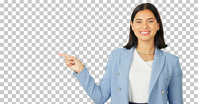 Buy stock photo Business woman, portrait and pointing to presentation, choice and news isolated on transparent png background. Happy worker advertising promotion of deal, announcement and review information about us