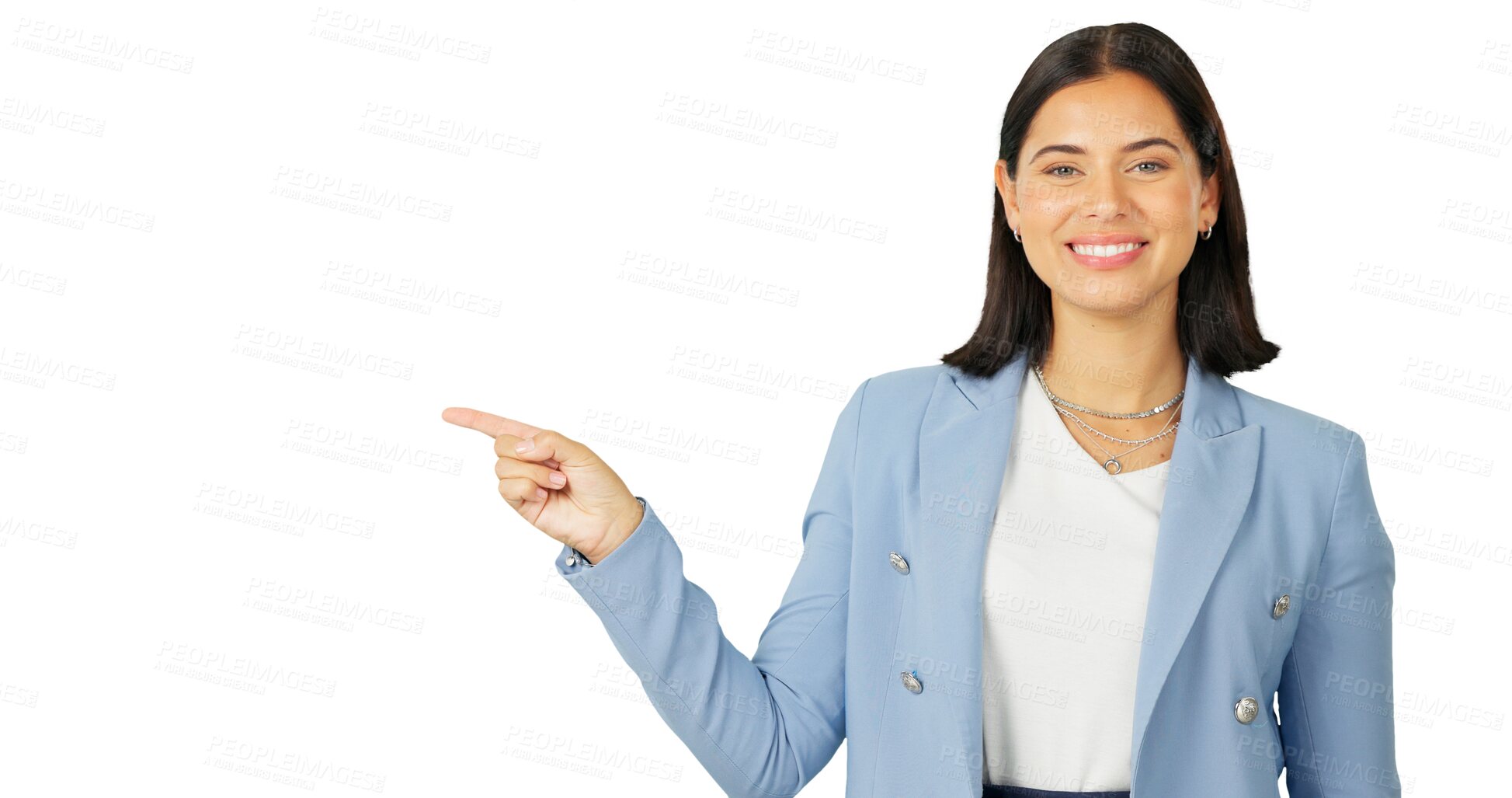 Buy stock photo Business woman, portrait and pointing to presentation, choice and news isolated on transparent png background. Happy worker advertising promotion of deal, announcement and review information about us