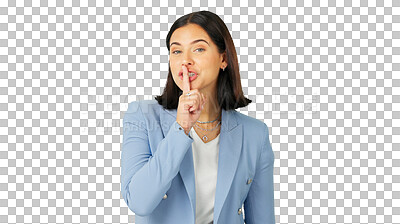 Buy stock photo Secret, portrait and business woman with finger on lips isolated on transparent png background for privacy. Face of worker, whisper gesture and quiet emoji for confidential news, surprise and drama