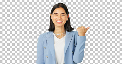 Buy stock photo Happy, business and woman pointing at promotion or deal isolated in a transparent or png background. Portrait, smile entrepreneur and consultant with direction, showing space and sale with happiness