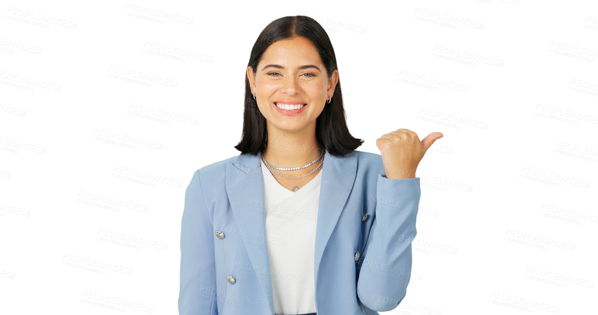 Buy stock photo Happy, business and woman pointing at promotion or deal isolated in a transparent or png background. Portrait, smile entrepreneur and consultant with direction, showing space and sale with happiness