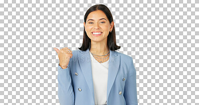 Buy stock photo Happy, pointing and business woman with promotion or deal isolated in transparent or png background. Portrait, smile entrepreneur and consultant with direction, showing space and sale with happiness