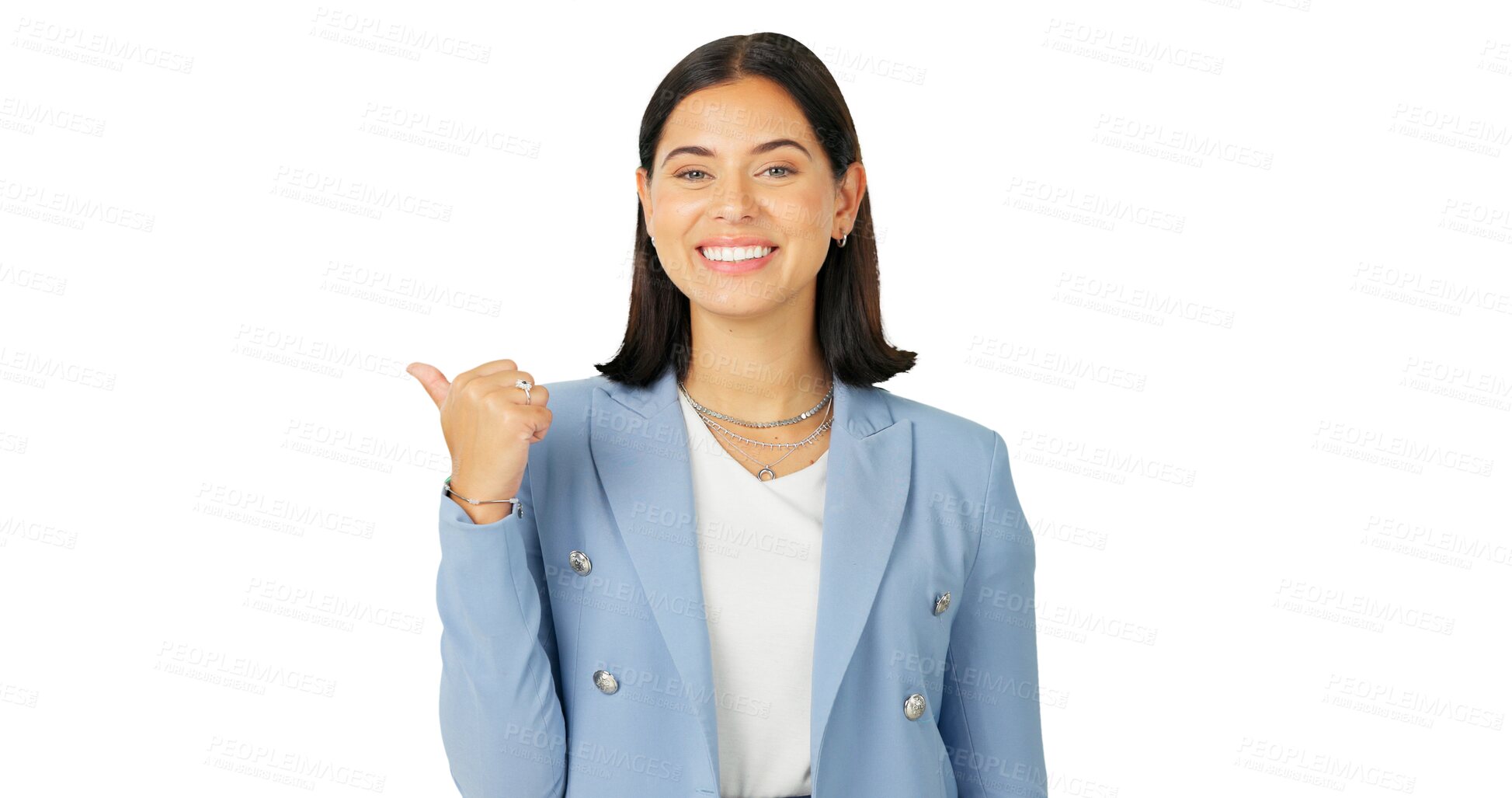 Buy stock photo Happy, pointing and business woman with promotion or deal isolated in transparent or png background. Portrait, smile entrepreneur and consultant with direction, showing space and sale with happiness