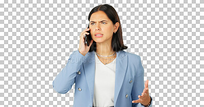 Buy stock photo Phone call, arguing or anger with a woman frustrated while isolated on a transparent background. Mobile, communication and frown with an unhappy young female person fighting in conflict on PNG