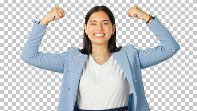 Buy stock photo Portrait, strong and winner with a business woman isolated on transparent background in celebration victory. Smile, bonus or empowerment with a happy young female employee cheering for success on PNG