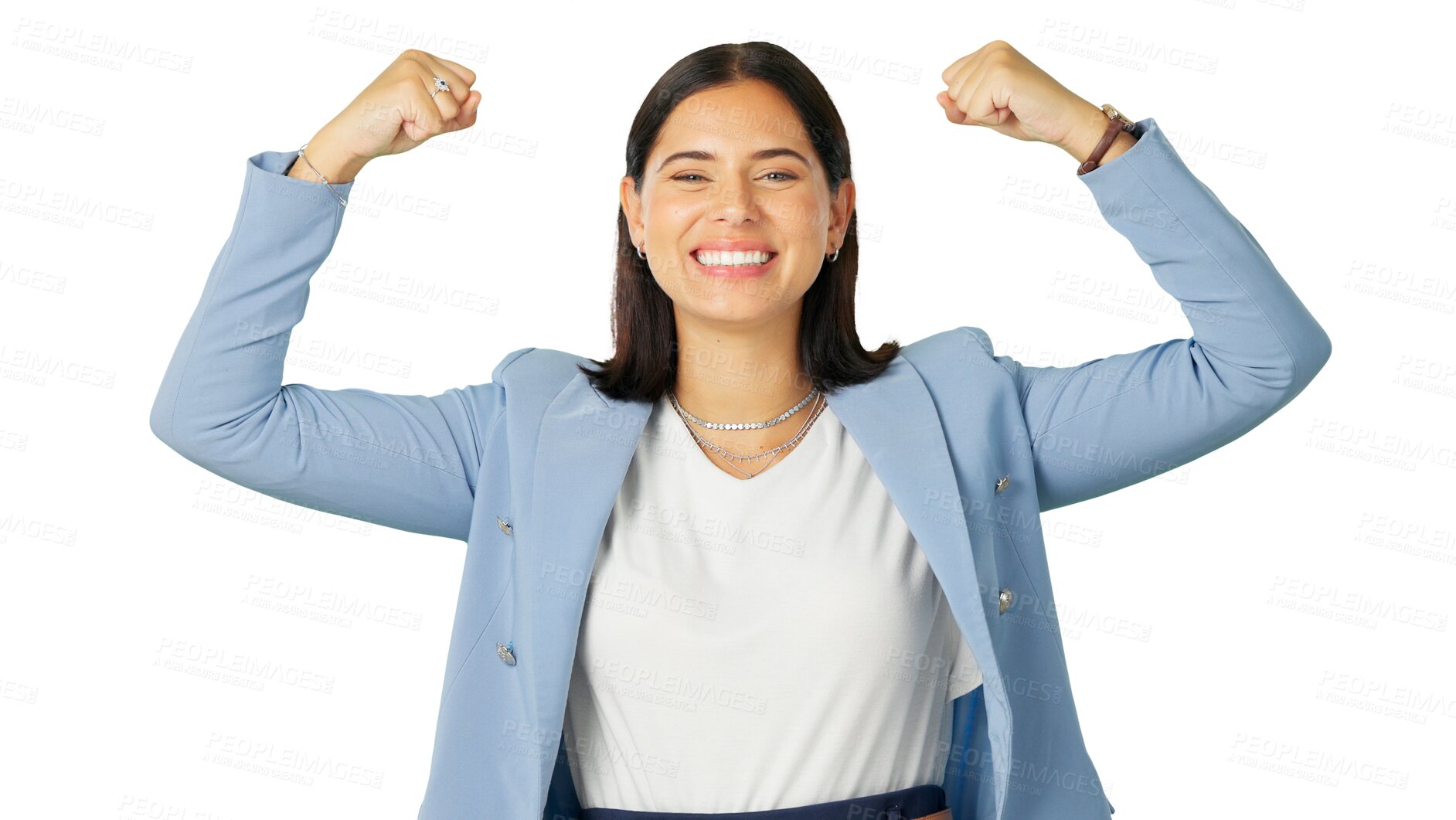 Buy stock photo Portrait, strong and winner with a business woman isolated on transparent background in celebration victory. Smile, bonus or empowerment with a happy young female employee cheering for success on PNG