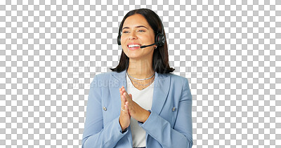 Buy stock photo Business woman, call center or consulting on headphones isolated on a transparent PNG background. Happy, female person or consultant agent talking for online advice, telemarketing or customer service