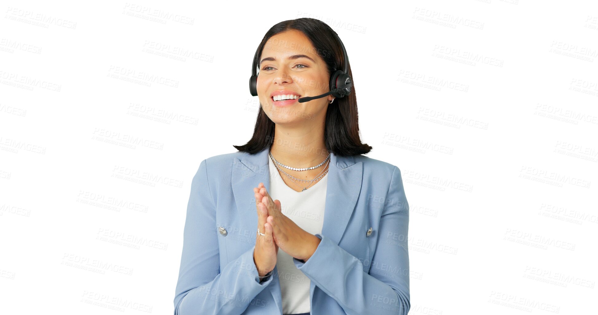 Buy stock photo Business woman, call center or consulting on headphones isolated on a transparent PNG background. Happy, female person or consultant agent talking for online advice, telemarketing or customer service