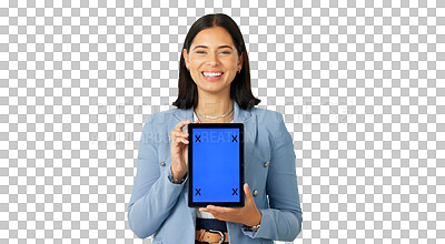 Buy stock photo Happy business woman, portrait and tablet mockup for advertising isolated on a transparent PNG background. Female person or employee show technology display screen with tracking markers for marketing