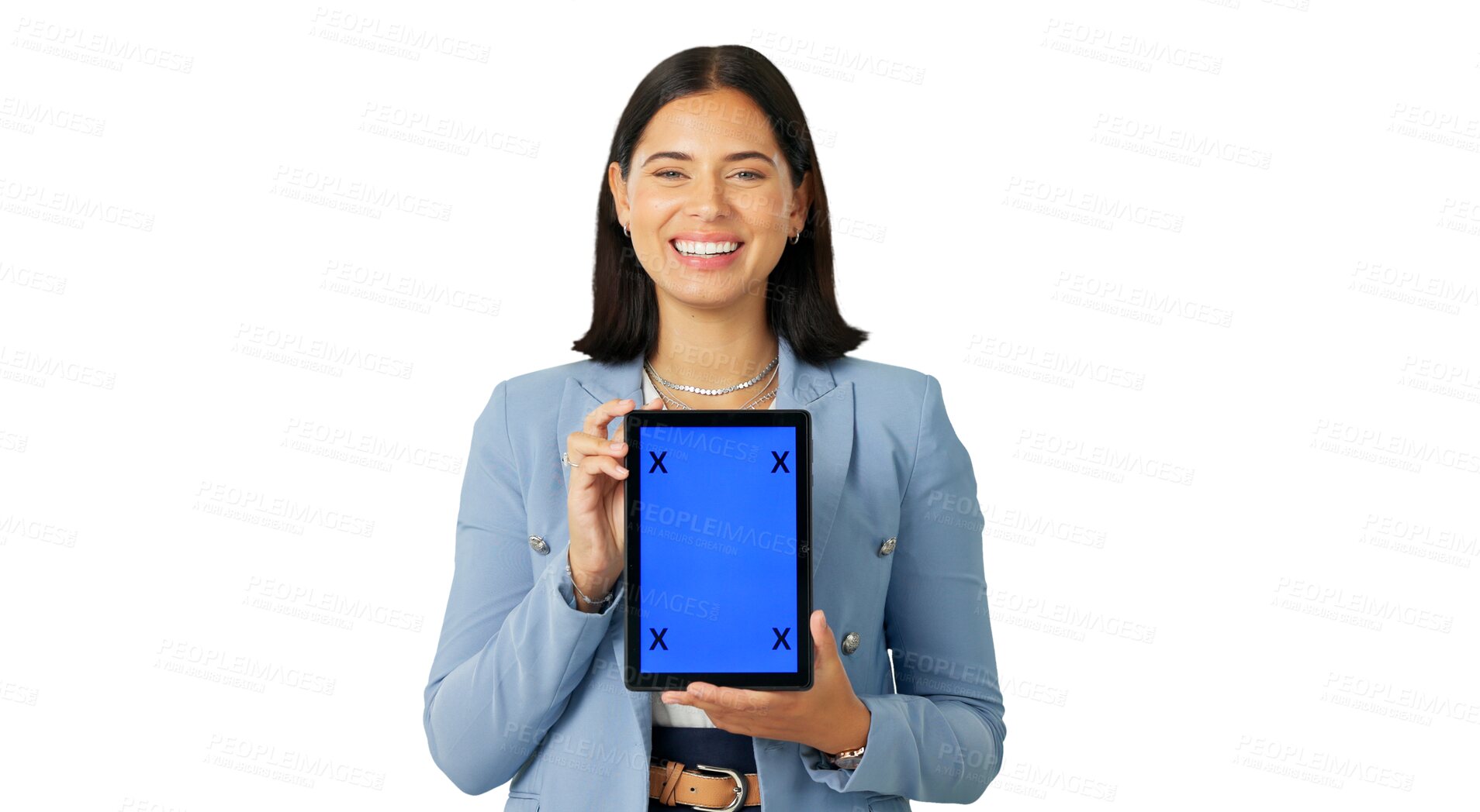 Buy stock photo Happy business woman, portrait and tablet mockup for advertising isolated on a transparent PNG background. Female person or employee show technology display screen with tracking markers for marketing