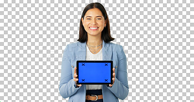 Buy stock photo Business woman, portrait and tablet mockup for advertising isolated on a transparent PNG background. Happy female person or employee show technology display screen with tracking markers for marketing