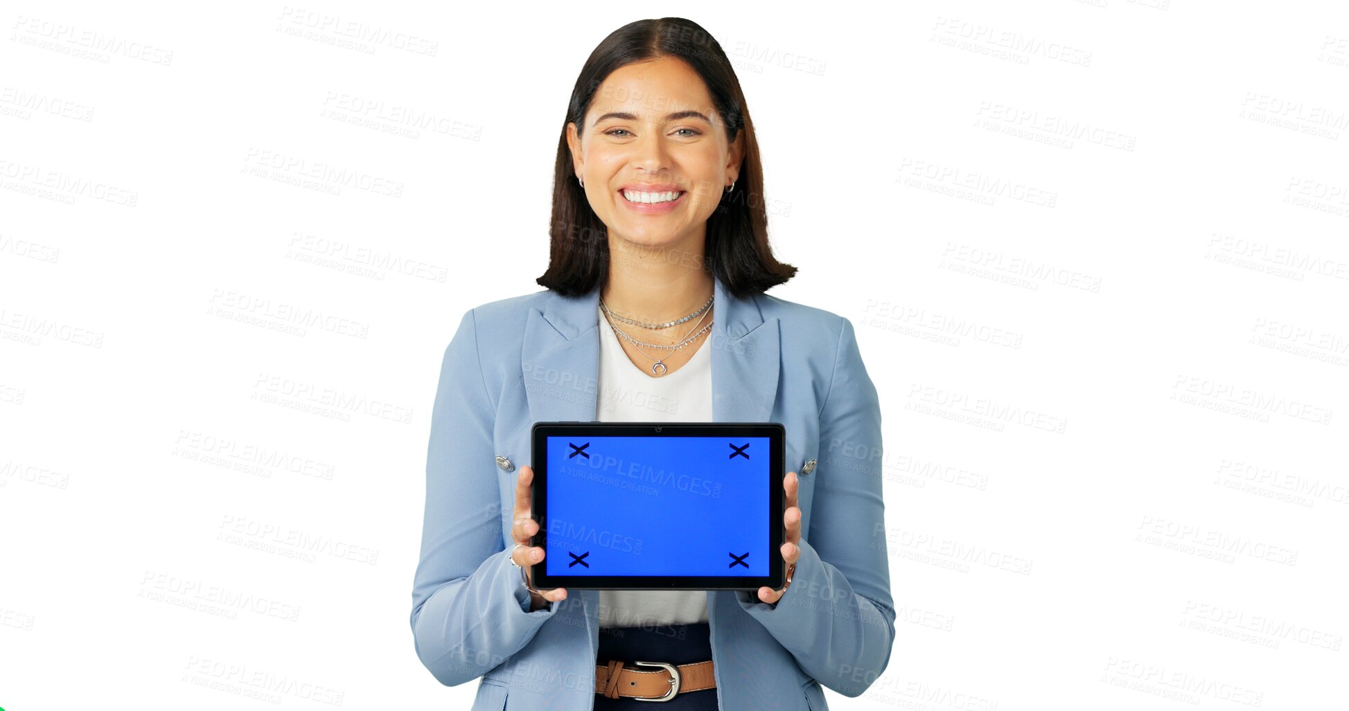 Buy stock photo Business woman, portrait and tablet mockup for advertising isolated on a transparent PNG background. Happy female person or employee show technology display screen with tracking markers for marketing