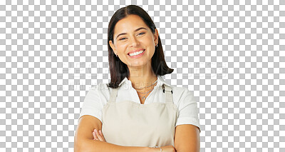 Buy stock photo Portrait, apron and woman with arms crossed, smile and employee isolated on a transparent background. Face, female person and waitress with startup, business and server with png and confident worker