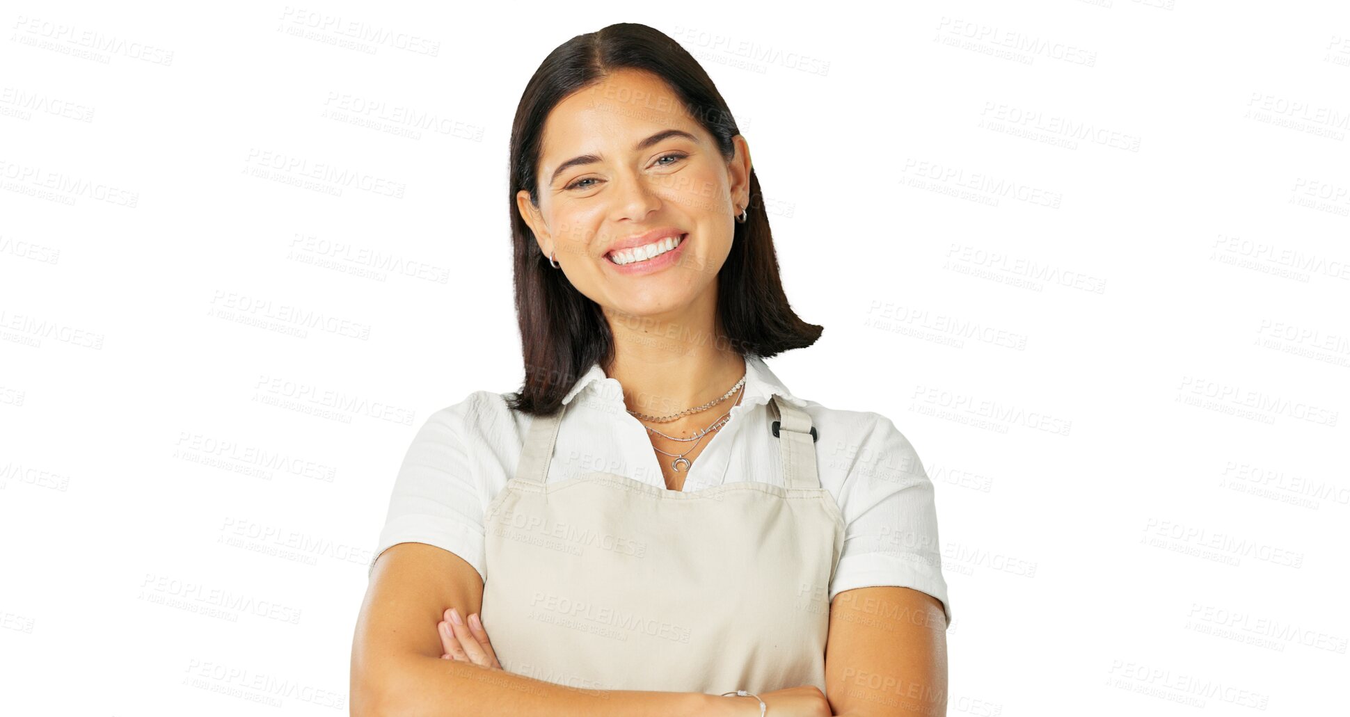 Buy stock photo Portrait, apron and woman with arms crossed, smile and employee isolated on a transparent background. Face, female person and waitress with startup, business and server with png and confident worker