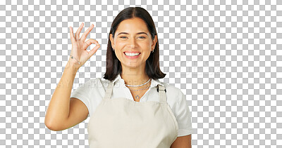 Buy stock photo Face, ok hands and happy woman, waitress and isolated on transparent png background. Portrait, smile and okay sign of owner, small business entrepreneur and success of person, excellence or agreement