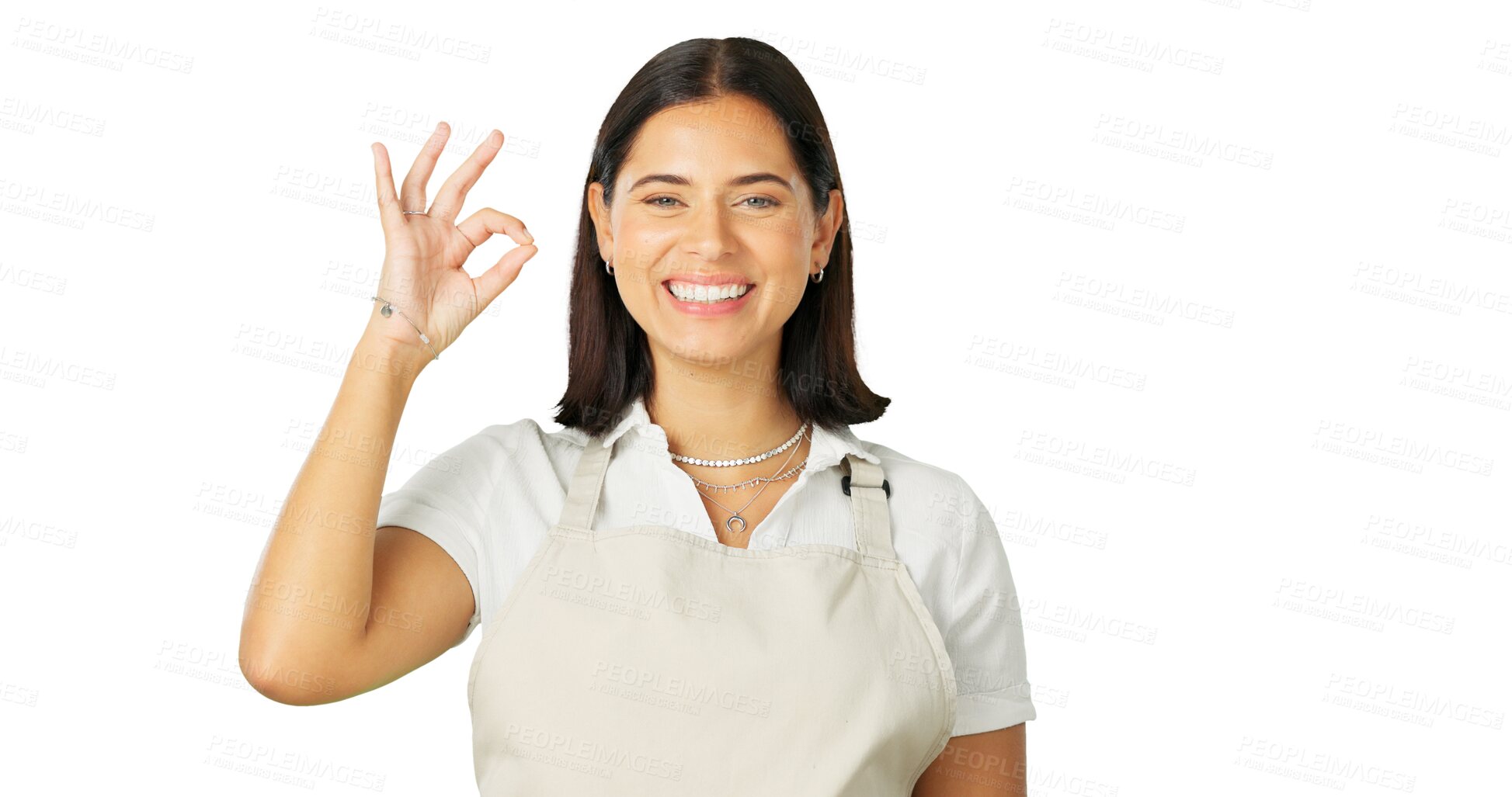 Buy stock photo Face, ok hands and happy woman, waitress and isolated on transparent png background. Portrait, smile and okay sign of owner, small business entrepreneur and success of person, excellence or agreement