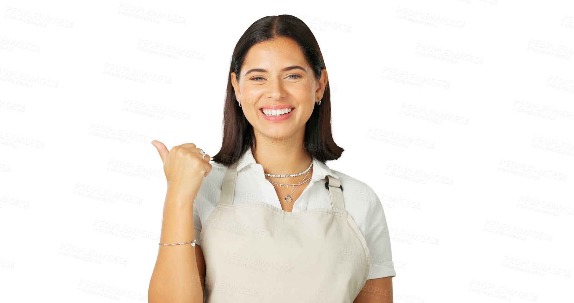 Buy stock photo Portrait, pointing and promotion with a waitress woman isolated on a transparent background. Smile, contact and menu information with a happy young female person on PNG for restaurant marketing